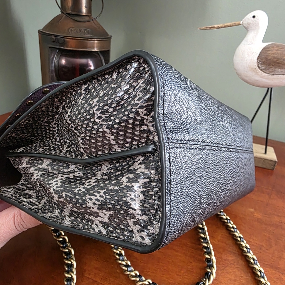 Coach 53344 Parker Black Leather Genuine Snakeskin Rivet Chain Shoulder Bag - Picture 10 of 16
